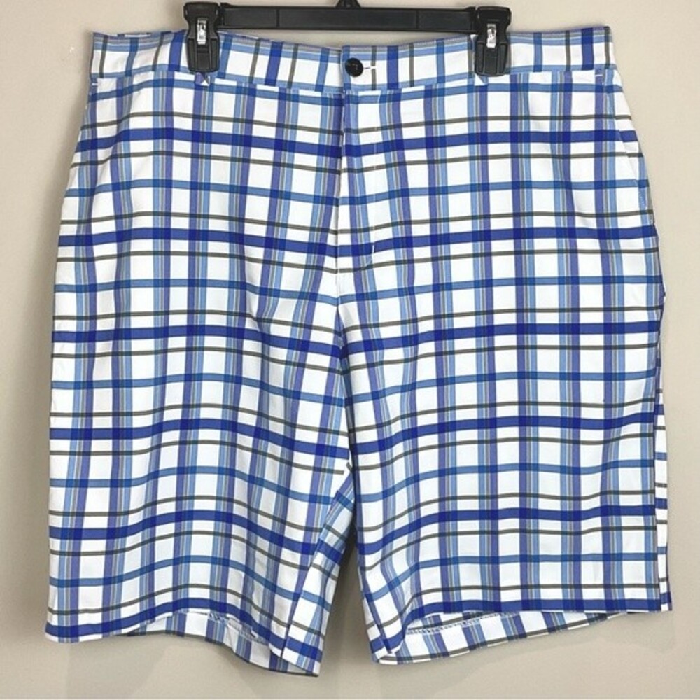 Adidas Plaid Golf Shorts Flat Front Men's Sz 40 Performance Blue & White